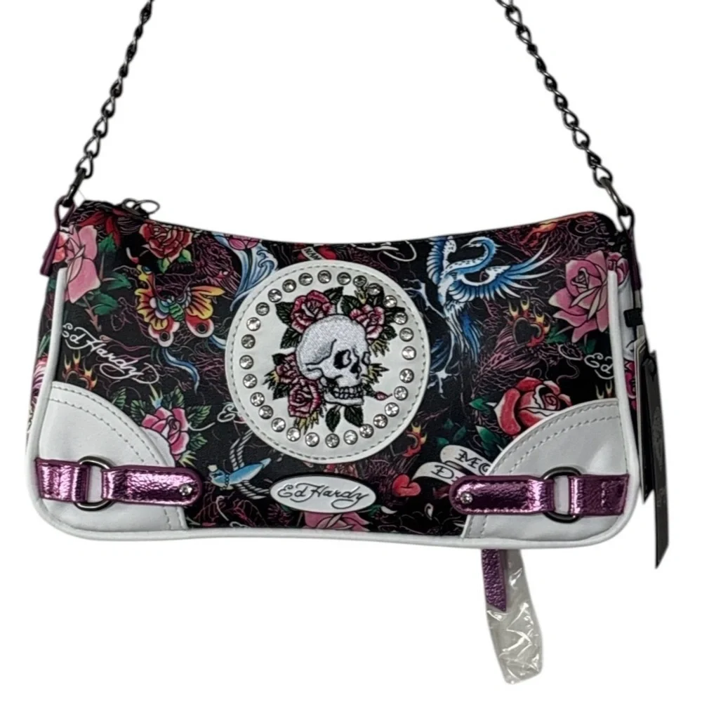 Ed Hardy Shoulder / Crossbody Bag Skull Rose Tattoo Print Rhinestone ms Y2K Punk